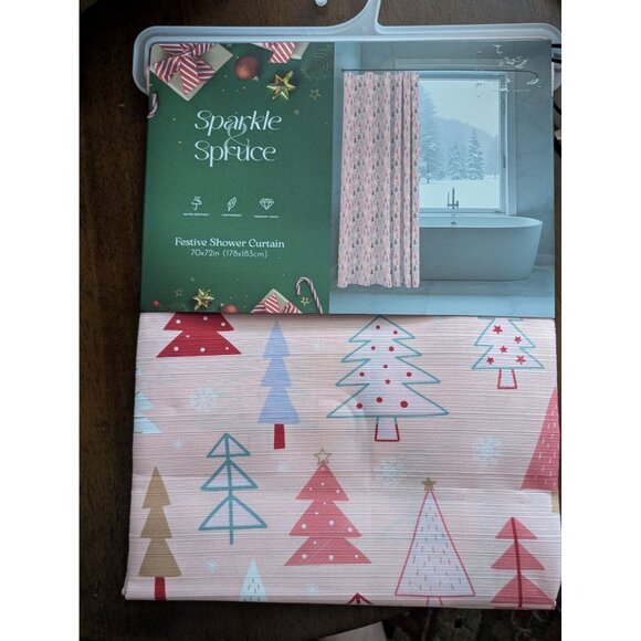 Sparkle & Spruce Festive Shower Curtain 70x72 Inches Pink Christmas Tree Pattern - Picture 1 of 4